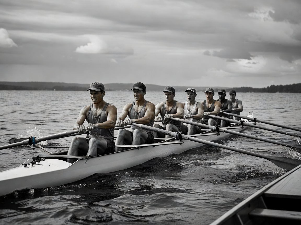 Editorial image depicting a rowing crew on the water representing The Boys in the Boat