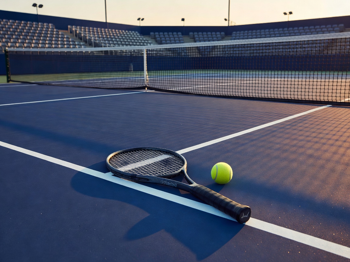 Editorial image depicting a tennis court with a racket and ball representing Open