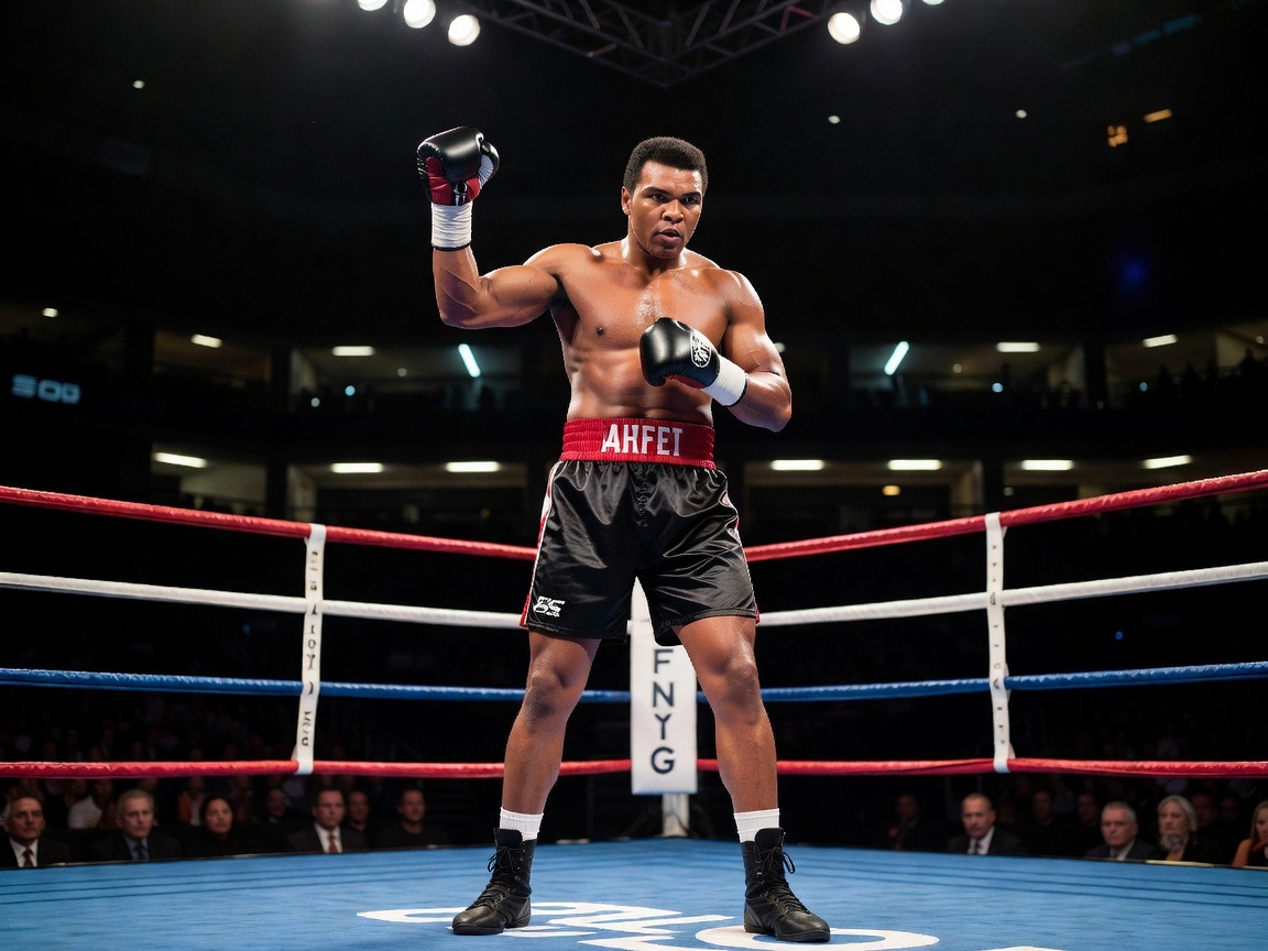 Editorial image depicting boxing ring ropes under dramatic lighting representing Ali A Life