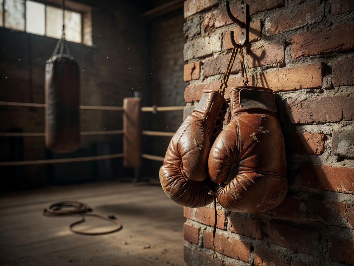 Editorial image depicting vintage boxing gloves hanging representing The Sweet Science